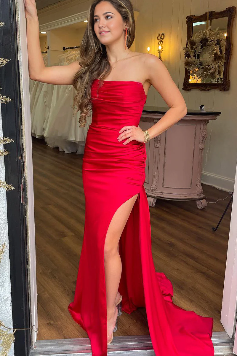 Mermaid Straps Red Satin Prom Dress Evening Dresses with Slit